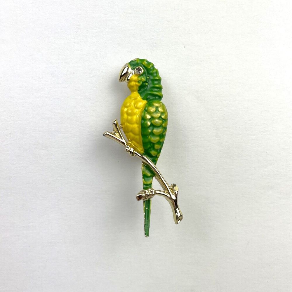 Vintage Parrot Macaw‎ Brooch Pin Green Yellow Enamel & Gold Tone Costume Jewelry